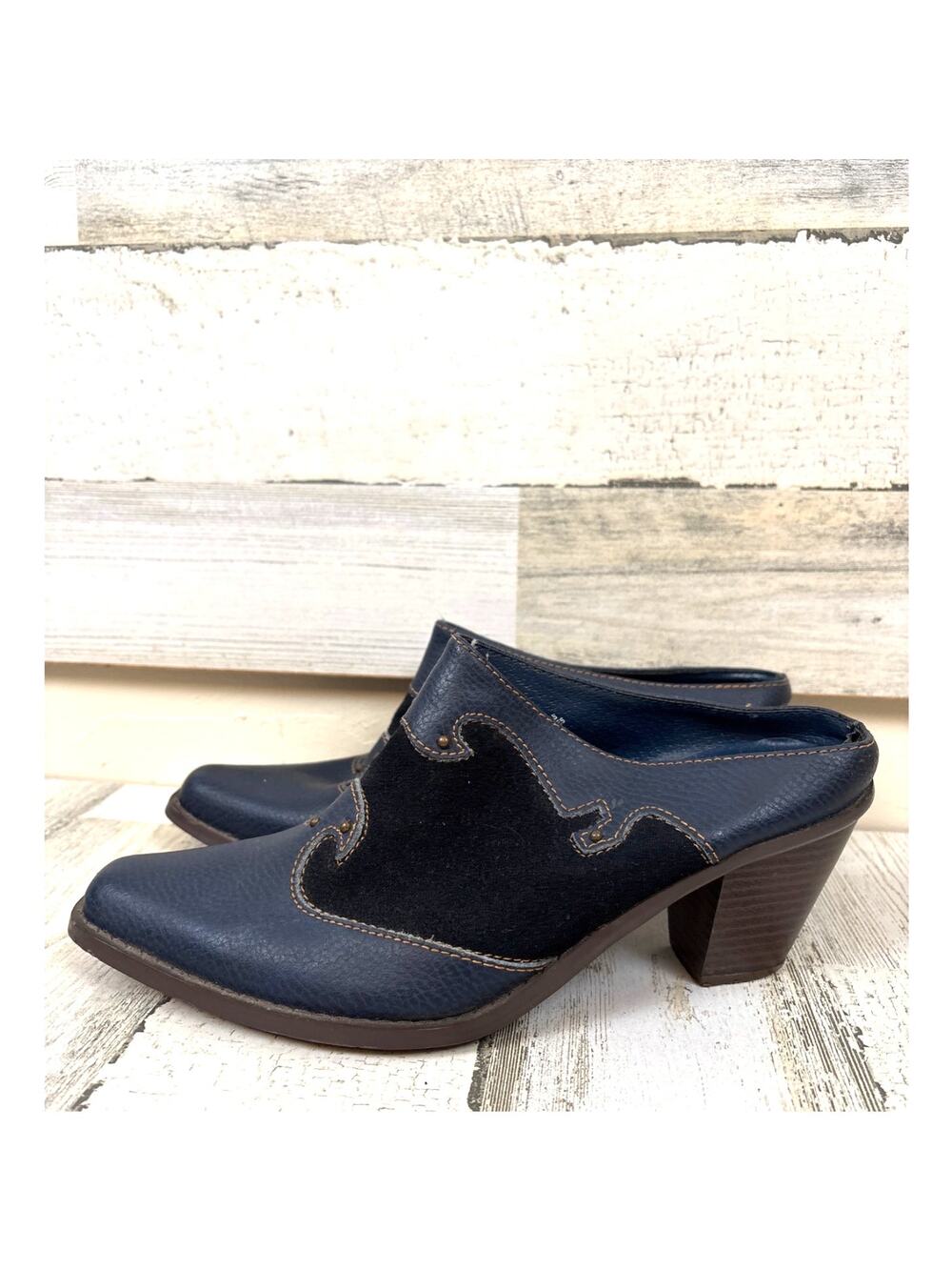 Vintage French Blue Suede Leather Western Mule Heels Womens 7 Y2K Silver Studde